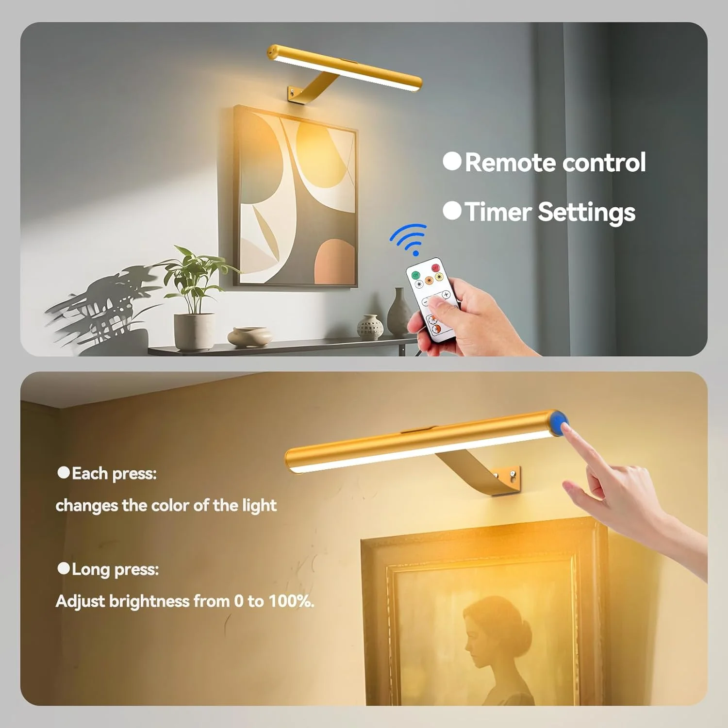 چراغ دیواری باتری خور KUAEAY با کنترل از راه دور، چراغ عکس شارژی 4000 میلی آمپر ساعتی برای دیوار مغناطیسی بی سیم، 3 رنگ قابل تنظیم روشنایی و تایمر، چراغ برای راهرو اتاق خواب (طلایی)