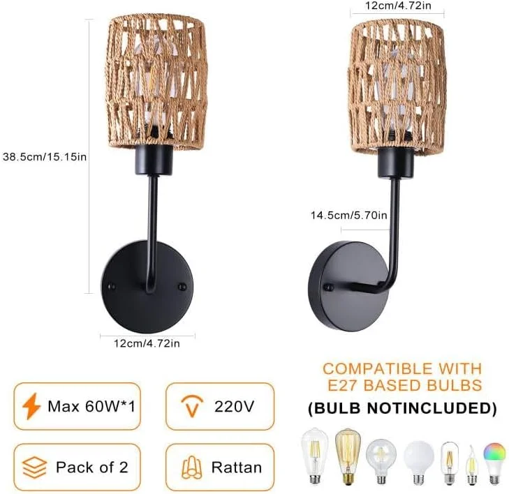 ست دو عددی چراغ دیواری حصیری Jaycomey، چراغ دیواری دو شاخه، چراغ آویز صنعتی، چراغ دیواری اتاق، چراغ دیواری روستایی برای اتاق خواب و نشیمن (بدون لامپ E27) ست دو عددی چراغ دیواری حصیری Jaycomey، چراغ دیواری دو شاخه، چراغ آویز صنعتی، چراغ دیواری اتاق، چراغ دیواری روستایی برای اتاق خواب و نشیمن (بدون لامپ E27)