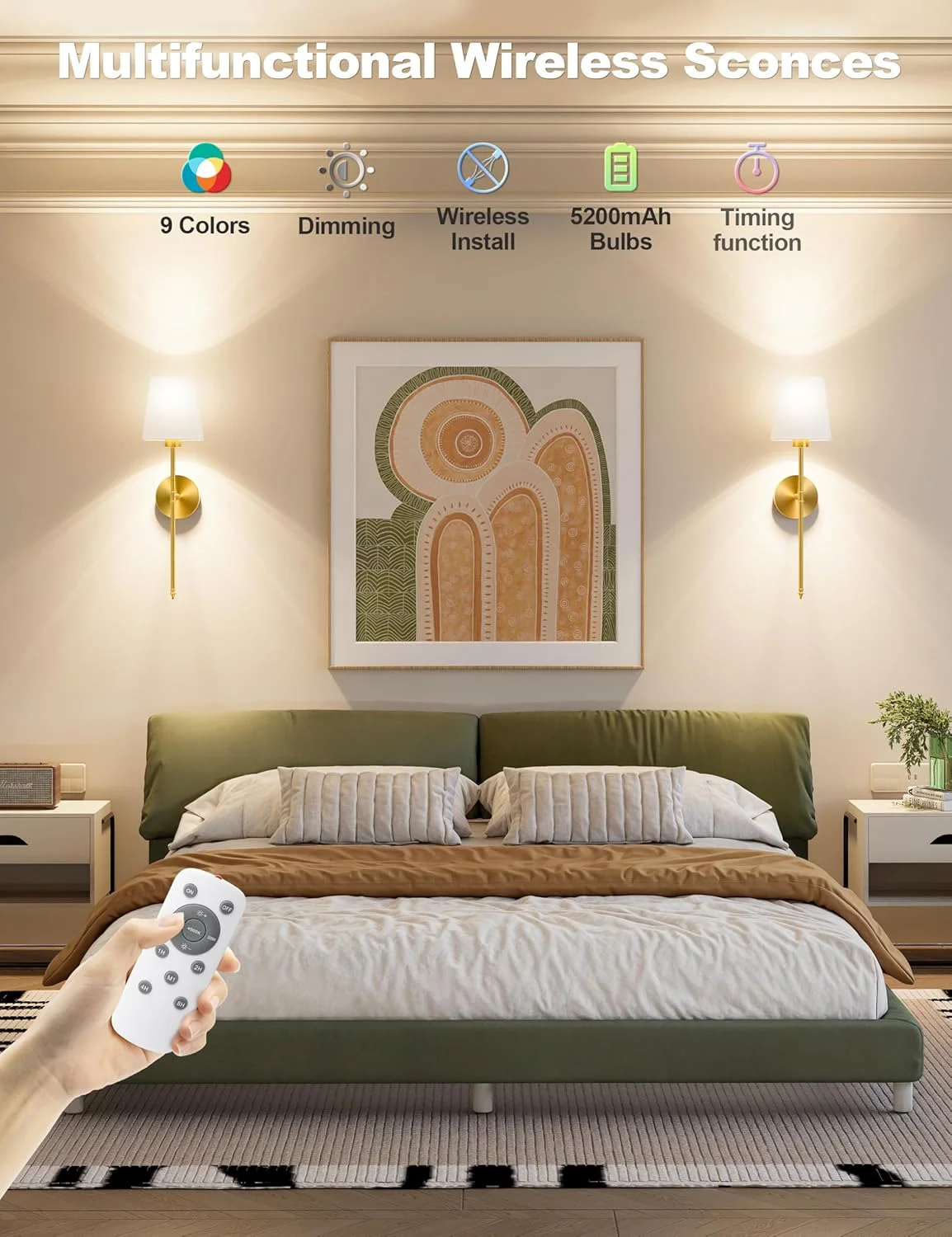 ست 2 عددی شمعدان دیواری طلایی بی سیم JOFIOS با باتری قابل شارژ 5200mAh، لامپ های جداشدنی دیمر دار و ریموت کنترل، دارای 10 رنگ نور، مناسب برای دکور اتاق خواب، نشیمن و راهرو