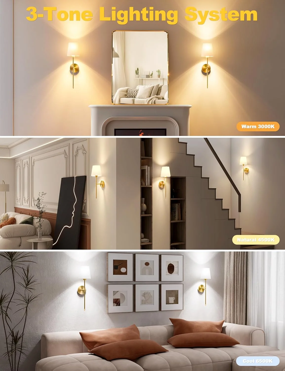 ست 2 عددی شمعدان دیواری طلایی بی سیم JOFIOS با باتری قابل شارژ 5200mAh، لامپ های جداشدنی دیمر دار و ریموت کنترل، دارای 10 رنگ نور، مناسب برای دکور اتاق خواب، نشیمن و راهرو