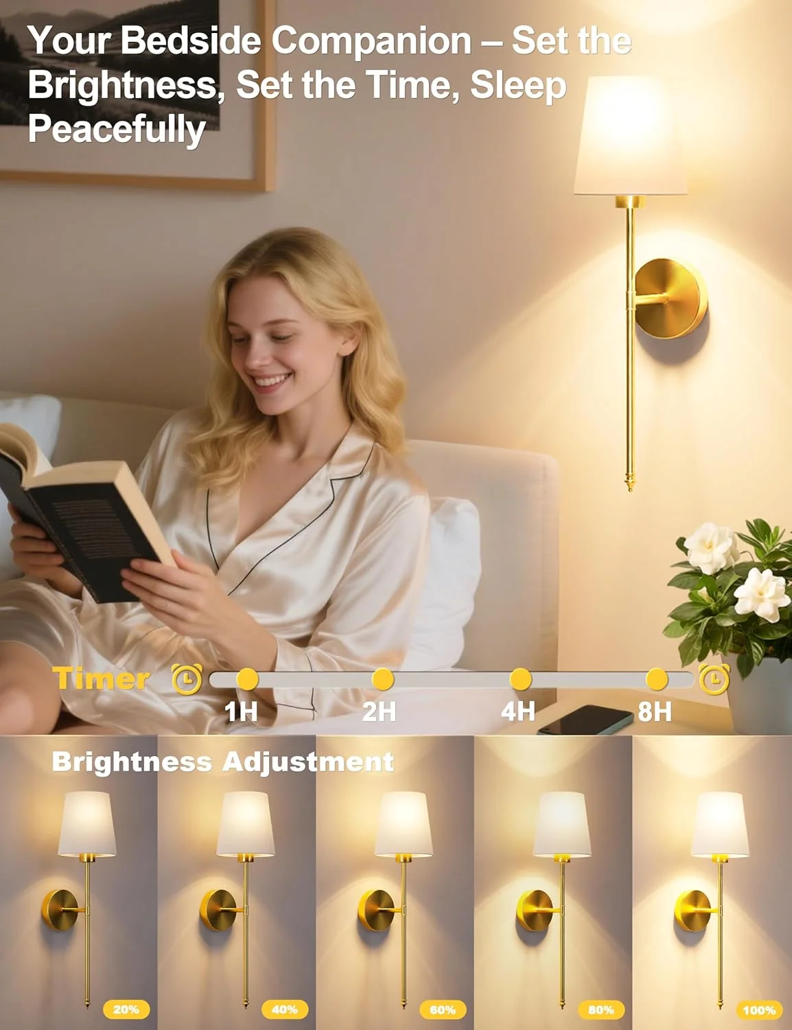 ست 2 عددی شمعدان دیواری طلایی بی سیم JOFIOS با باتری قابل شارژ 5200mAh، لامپ های جداشدنی دیمر دار و ریموت کنترل، دارای 10 رنگ نور، مناسب برای دکور اتاق خواب، نشیمن و راهرو