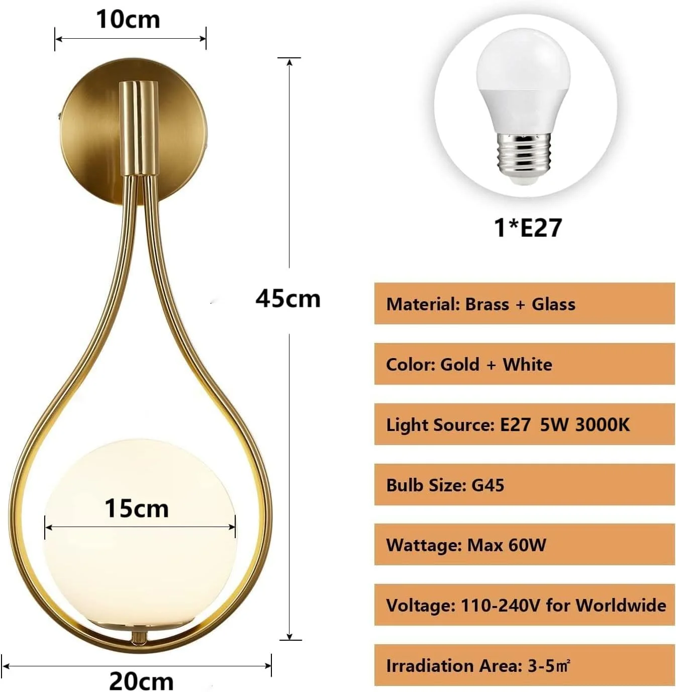 چراغ دیواری طلایی مدرن میان قرن HUA QIANG WANG، چراغ دیواری برنجی برس خورده برای روشنایی روشویی حمام، چراغ دیواری کروی شیشه ای سفید مات، چراغ دیواری صنعتی برای اتاق نشیمن، اتاق خواب، کنار تخت چراغ دیواری طلایی مدرن میان قرن HUA QIANG WANG، چراغ دیواری برنجی برس خورده برای روشنایی روشویی حمام، چراغ دیواری کروی شیشه ای سفید مات، چراغ دیواری صنعتی برای اتاق نشیمن، اتاق خواب، کنار تخت
