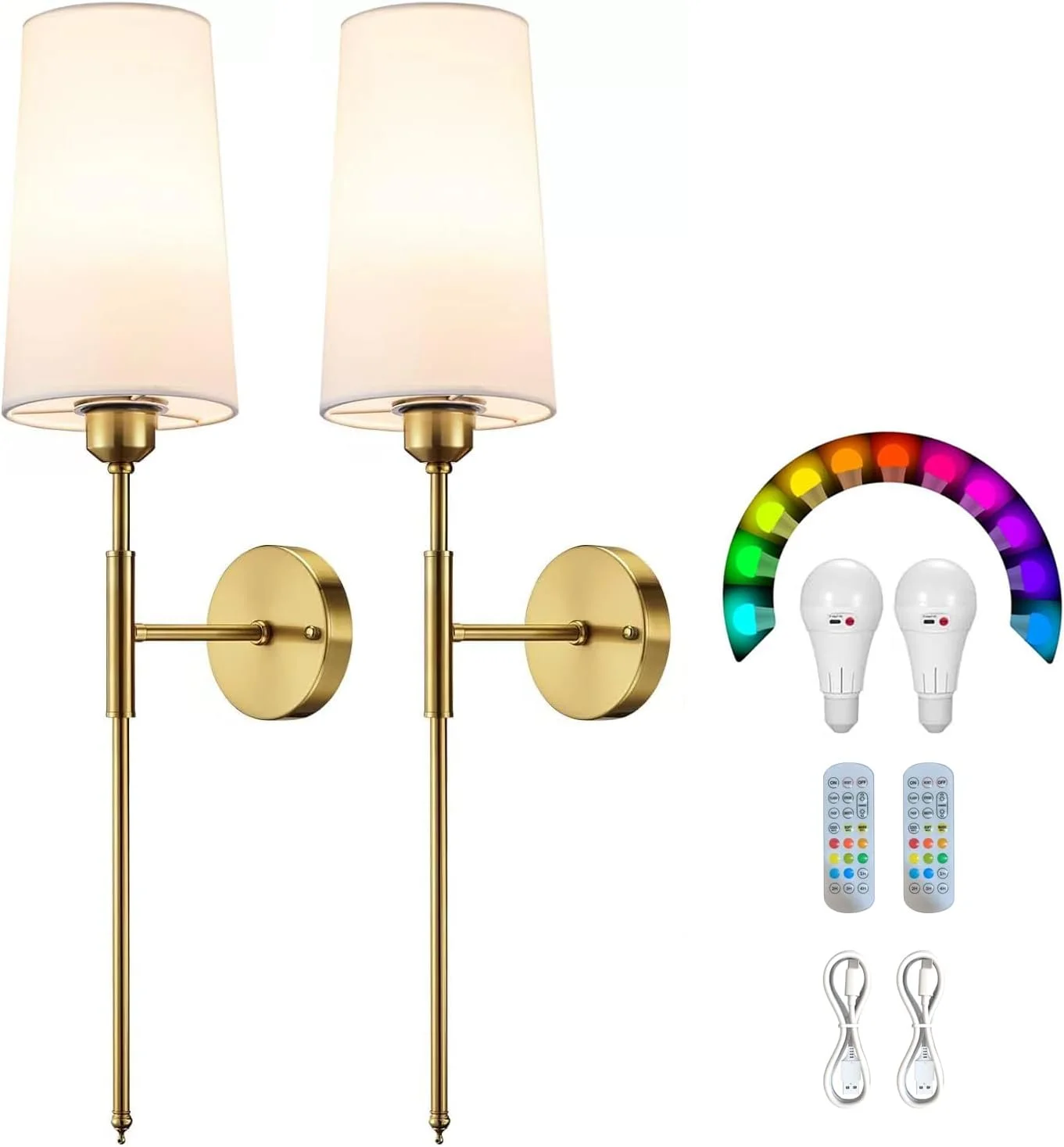 ست 2 عددی شمعدان دیواری با باتری، چراغ دیواری بی سیم با لامپ های RGB قابل تنظیم 5000 میلی آمپر ساعتی، چراغ مطالعه، چراغ های دیواری خلاقانه اتاق خواب داخلی برای اتاق نشیمن، بار، هتل (طلایی)