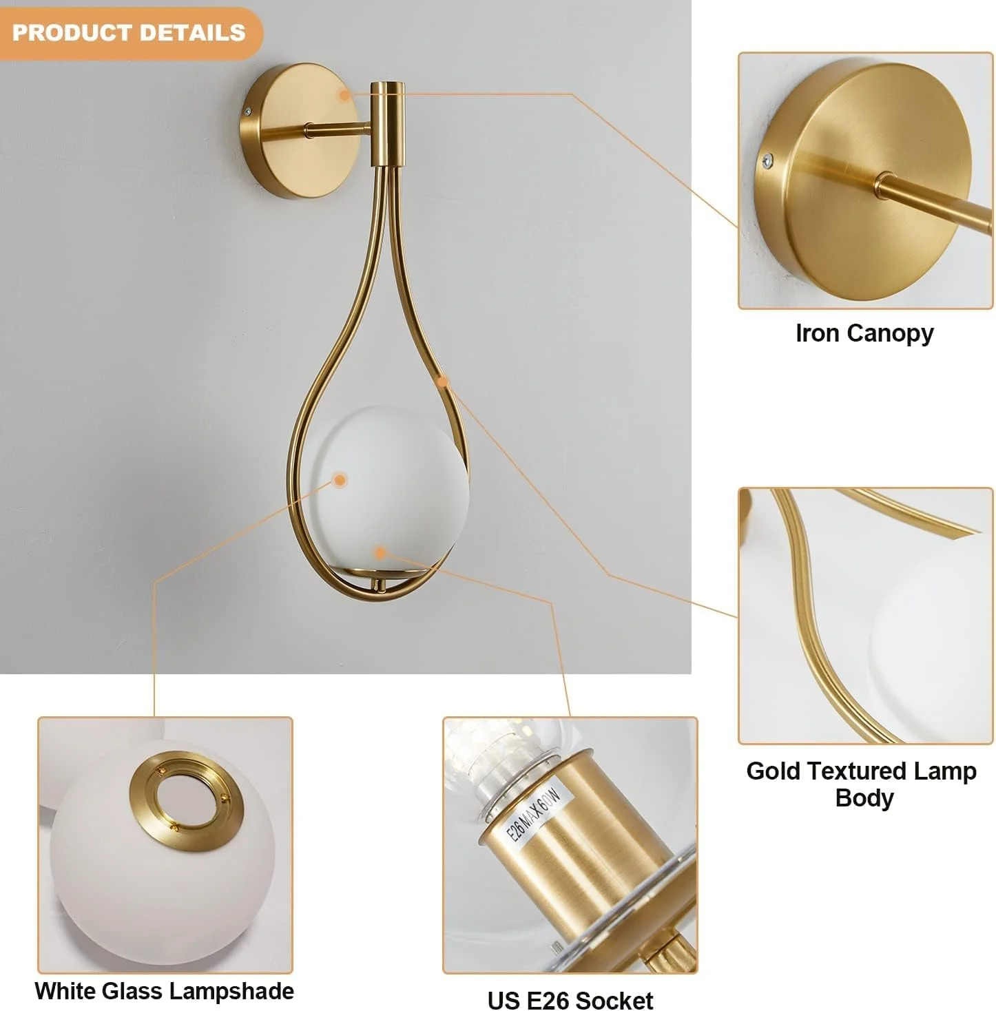 چراغ دیواری طلایی مدرن میان قرن HUA QIANG WANG، چراغ دیواری برنجی برس خورده برای روشنایی روشویی حمام، چراغ دیواری کروی شیشه ای سفید مات، چراغ دیواری صنعتی برای اتاق نشیمن، اتاق خواب، کنار تخت چراغ دیواری طلایی مدرن میان قرن HUA QIANG WANG، چراغ دیواری برنجی برس خورده برای روشنایی روشویی حمام، چراغ دیواری کروی شیشه ای سفید مات، چراغ دیواری صنعتی برای اتاق نشیمن، اتاق خواب، کنار تخت