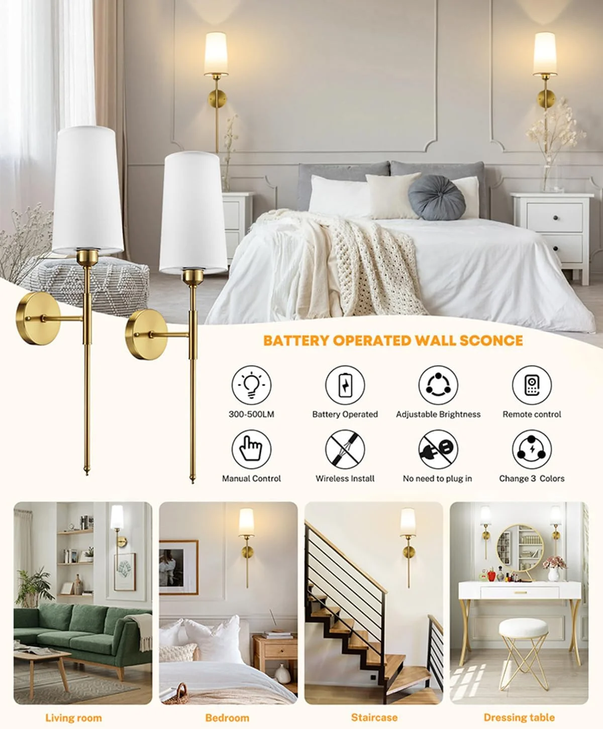 ست 2 عددی شمعدان دیواری با باتری، چراغ دیواری بی سیم با لامپ های RGB قابل تنظیم 5000 میلی آمپر ساعتی، چراغ مطالعه، چراغ های دیواری خلاقانه اتاق خواب داخلی برای اتاق نشیمن، بار، هتل (طلایی)