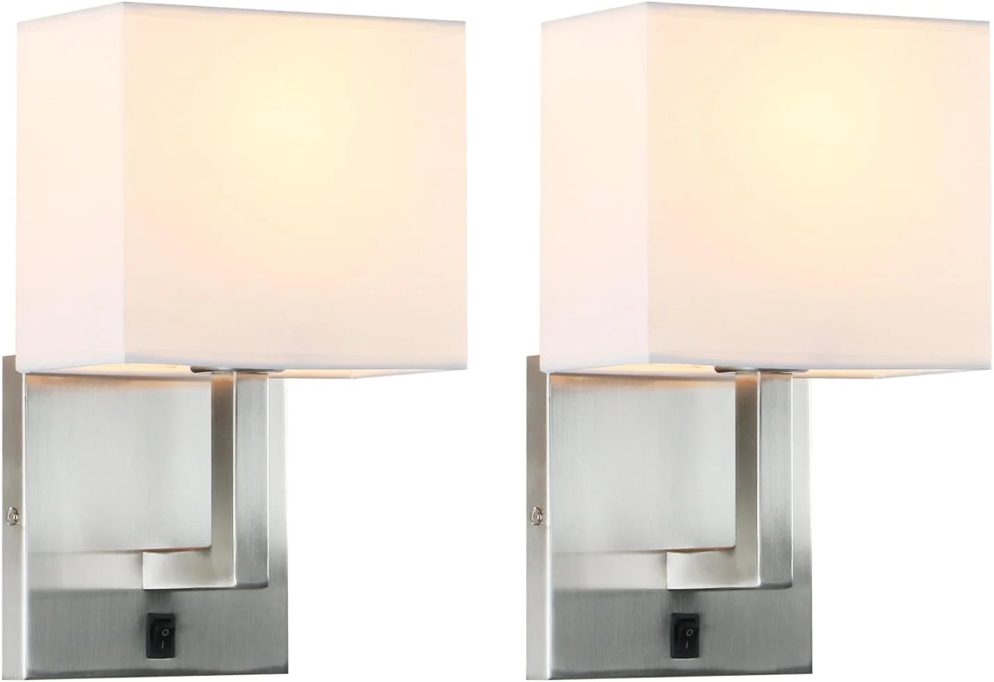 چراغ دیواری مدرن Permo، ست 2 عددی چراغ دیواری با کلاهک پارچه ای سفید مربعی و کلید روشن/خاموش برای اتاق خواب، کنار تخت، مطالعه، اتاق نشیمن، هتل