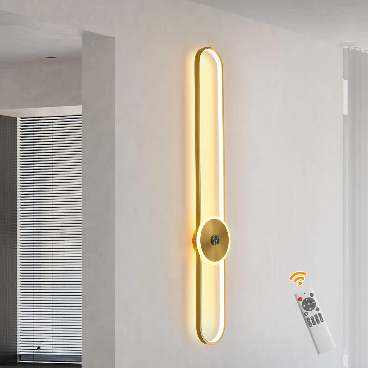 چراغ دیواری مدرن ال ای دی دیمر پذیر Ganeed، چراغ های دیواری داخلی 16 واتی با ریموت، چراغ دیواری طلایی 115 سانتی متری برای اتاق نشیمن، اتاق خواب، حمام، روشویی، راهرو، راه پله، 3000-6500K