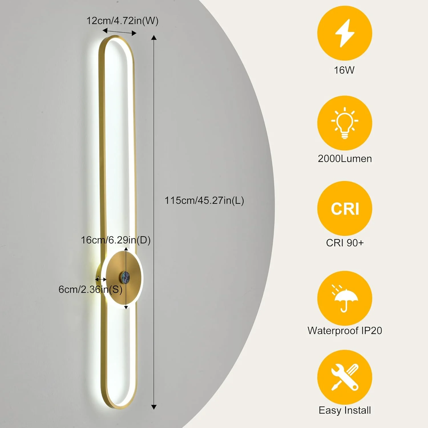 چراغ دیواری مدرن ال ای دی دیمر پذیر Ganeed، چراغ های دیواری داخلی 16 واتی با ریموت، چراغ دیواری طلایی 115 سانتی متری برای اتاق نشیمن، اتاق خواب، حمام، روشویی، راهرو، راه پله، 3000-6500K