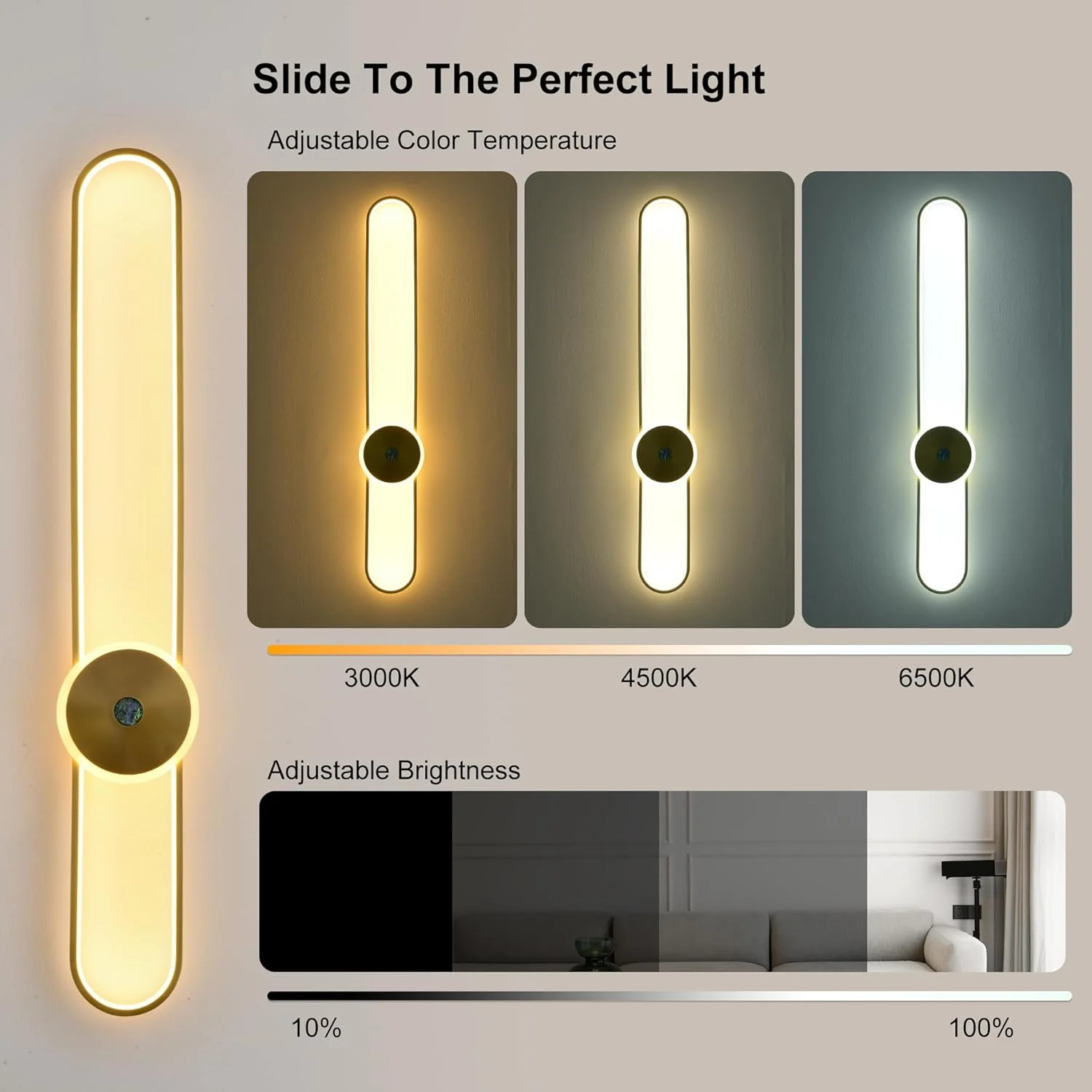 چراغ دیواری مدرن ال ای دی دیمر پذیر Ganeed، چراغ های دیواری داخلی 16 واتی با ریموت، چراغ دیواری طلایی 115 سانتی متری برای اتاق نشیمن، اتاق خواب، حمام، روشویی، راهرو، راه پله، 3000-6500K