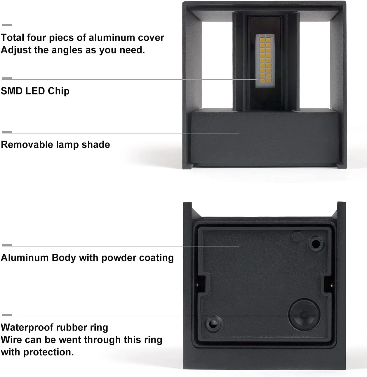 چراغ دیواری ال ای دی داوالایت 2 عددی 12 وات 925 لومن 3000 کلوین، چراغ های دیواری مدرن بالا و پایین، چراغ های دیواری باغی داخلی و خارجی، IP65، طراحی مربع، زاویه پرتو قابل تنظیم، مشکی