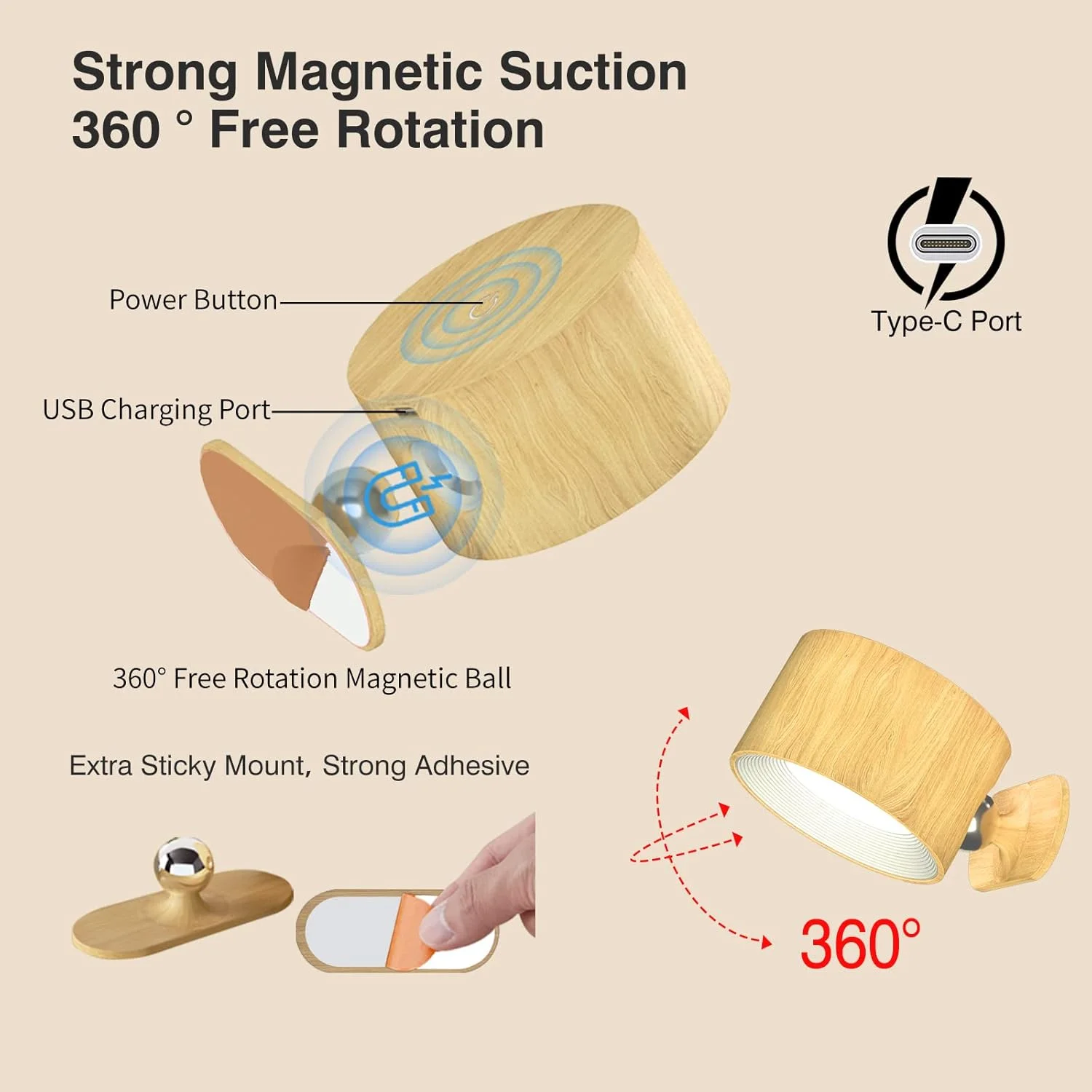 چراغ دیواری ال ای دی، چراغ دیواری با باتری قابل شارژ پورت USB، دارای 3 دمای رنگ و 3 سطح روشنایی، چرخش 360 درجه توپ مغناطیسی، چراغ بدون سیم برای مطالعه کنار تخت - چوبی چراغ دیواری ال ای دی، چراغ دیواری با باتری قابل شارژ پورت USB، دارای 3 دمای رنگ و 3 سطح روشنایی، چرخش 360 درجه توپ مغناطیسی، چراغ بدون سیم برای مطالعه کنار تخت - چوبی