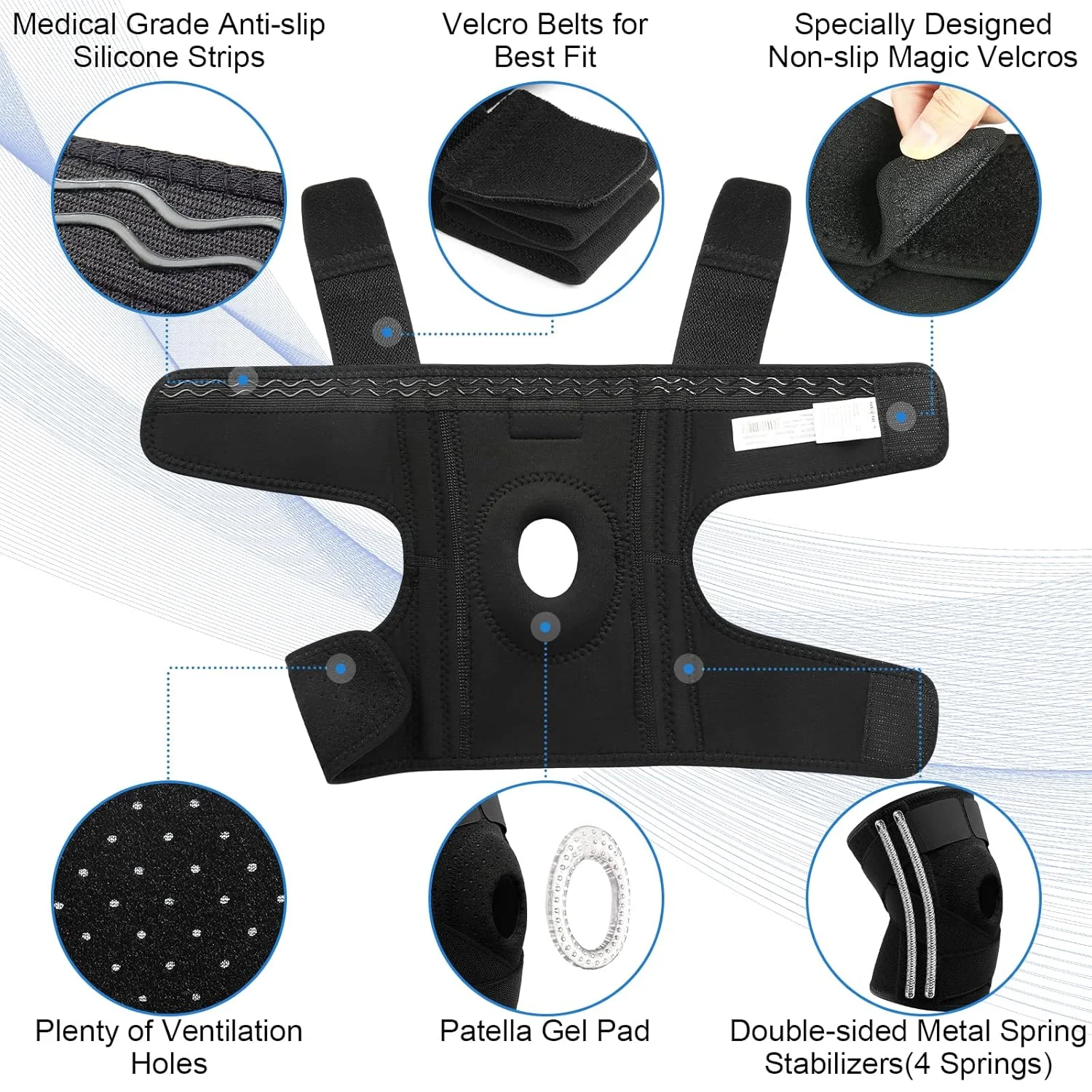 زانوبند نینکا برای درد زانو، زانوبند قابل تنظیم با پد ژله ای کشکک و تثبیت کننده های فنری جانبی، زانوبند برای آرتروز، پارگی مینیسک، ACL، تسکین درد زانو، دوندگان، ورزش - مورد تایید FSA/HSA