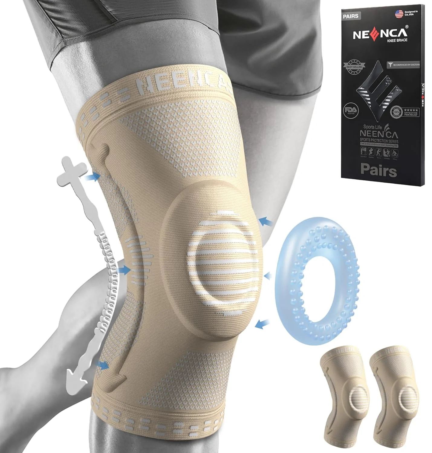 زانوبند نینکا مدل [2 عددی]، آستین فشاری زانو با پد ژله ای کشکک و تثبیت کننده های فنری جانبی، محافظ زانو طبی برای دویدن، پارگی مینیسک، آرتروز، تسکین درد مفاصل، ورزش