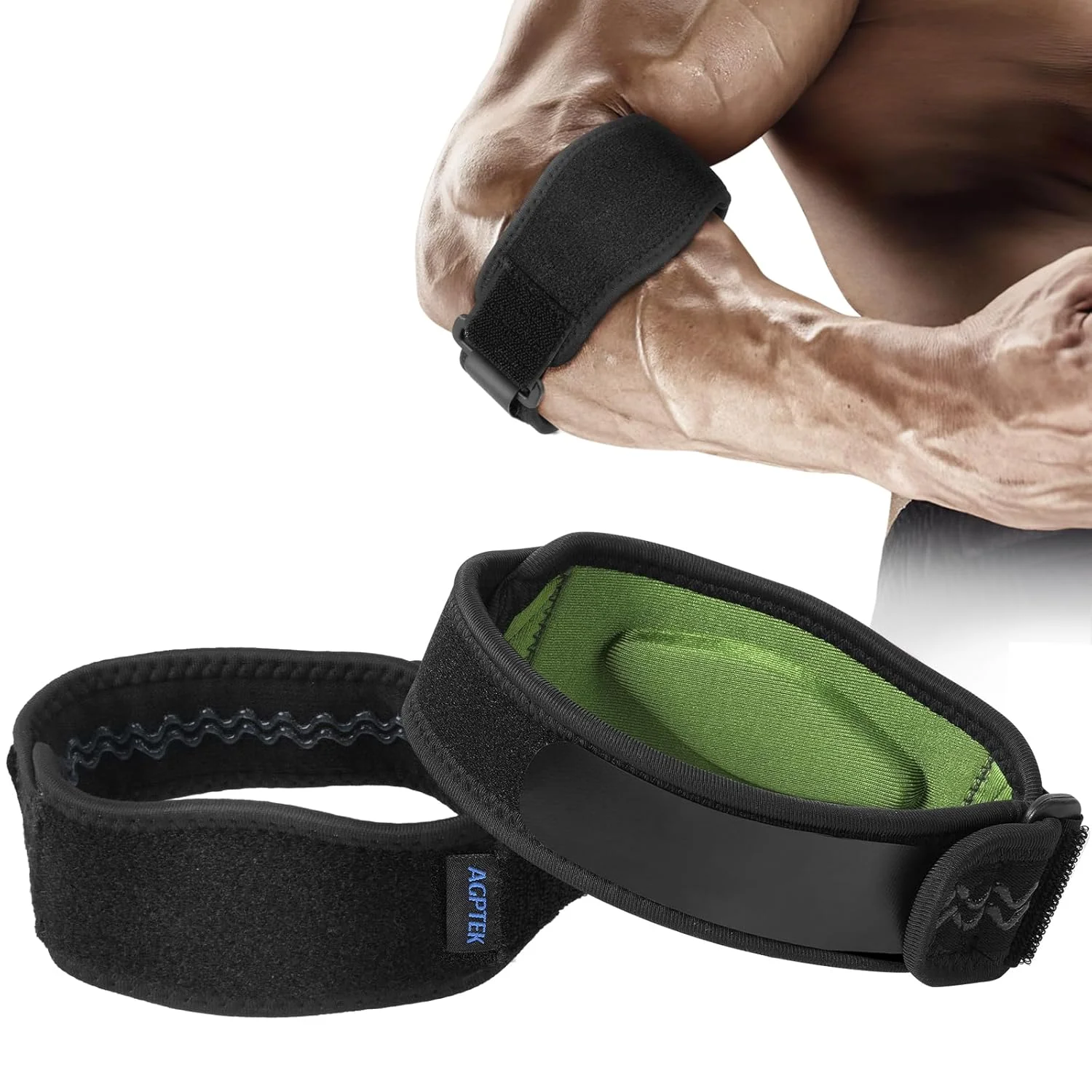 آرنج بند ای جی پی تک برای تاندونیت و آرنج تنیس بازان، بسته 2 عددی، بازوبند ساپورت آرنج گلف بازان تنیس باز، بند آرنج وزنه برداری با پد فشاری برای مردان و زنان (سبز)