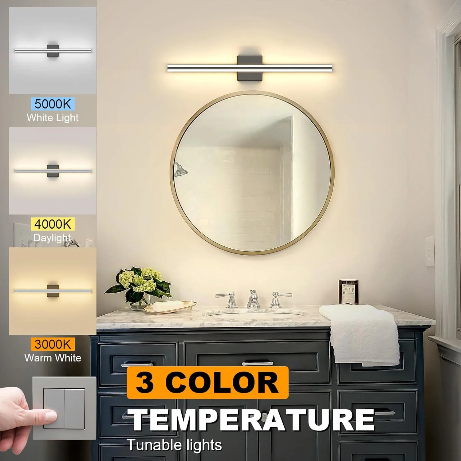 چراغ ال ای دی روشویی، چراغ های مشکی IP44 مناسب برای بالای آینه، چراغ دیواری مدرن حمام، چراغ دیوارکوب داخلی 3000K-4000K-5000K (80 سانتی متر)