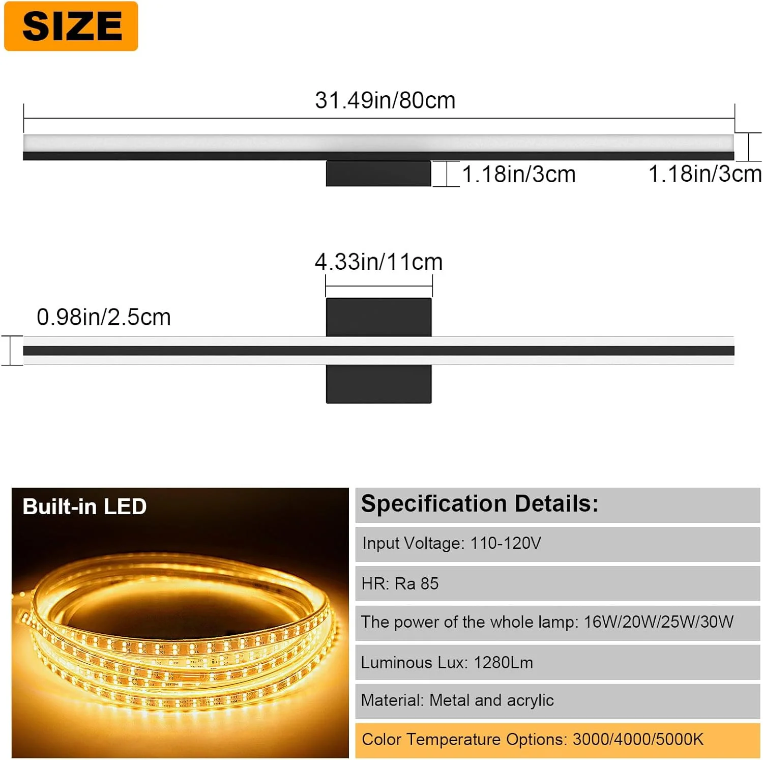 چراغ ال ای دی روشویی، چراغ های مشکی IP44 مناسب برای بالای آینه، چراغ دیواری مدرن حمام، چراغ دیوارکوب داخلی 3000K-4000K-5000K (80 سانتی متر)