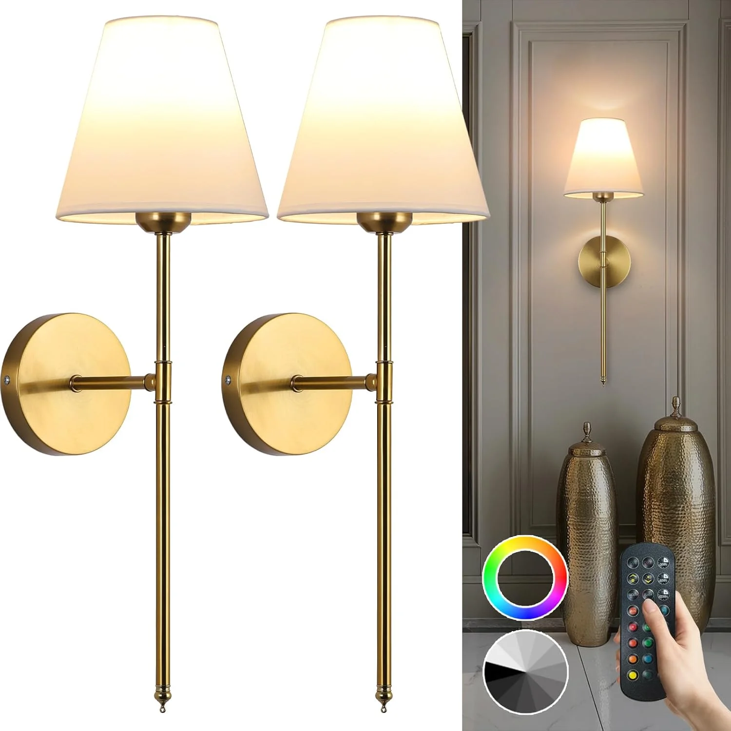 ست دو عددی شمعدان دیواری با باتری، چراغ دیواری بی سیم 15 رنگ با کنترل از راه دور دیمر دار، 20-60 ساعت عمر باتری، لامپ دیواری طلایی قابل شارژ با سایه پارچه ای سفید برای اتاق نشیمن، اتاق خواب، راهرو ست دو عددی شمعدان دیواری با باتری، چراغ دیواری بی سیم 15 رنگ با کنترل از راه دور دیمر دار، 20-60 ساعت عمر باتری، لامپ دیواری طلایی قابل شارژ با سایه پارچه ای سفید برای اتاق نشیمن، اتاق خواب، راهرو