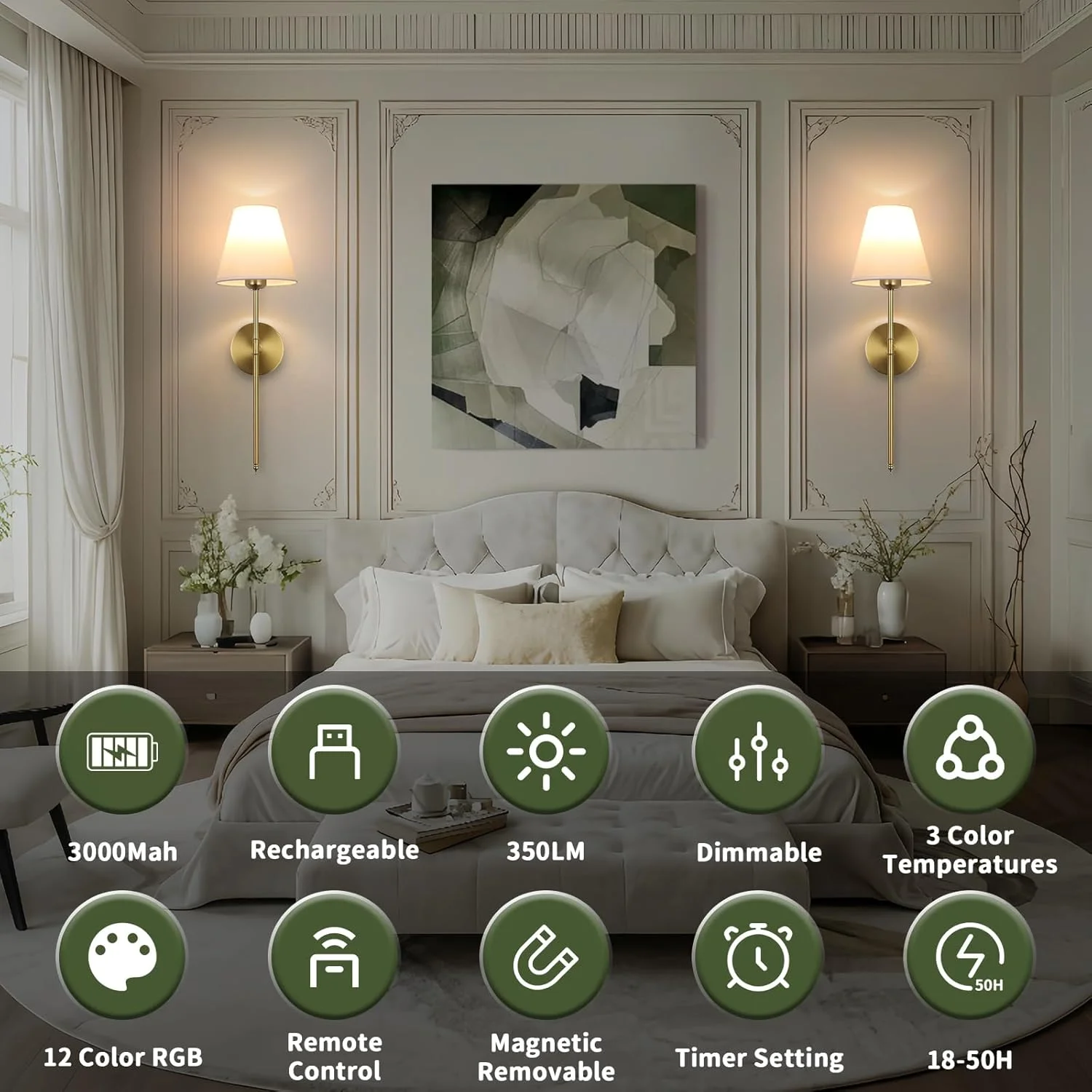 ست دو عددی شمعدان دیواری با باتری، چراغ دیواری بی سیم 15 رنگ با کنترل از راه دور دیمر دار، 20-60 ساعت عمر باتری، لامپ دیواری طلایی قابل شارژ با سایه پارچه ای سفید برای اتاق نشیمن، اتاق خواب، راهرو ست دو عددی شمعدان دیواری با باتری، چراغ دیواری بی سیم 15 رنگ با کنترل از راه دور دیمر دار، 20-60 ساعت عمر باتری، لامپ دیواری طلایی قابل شارژ با سایه پارچه ای سفید برای اتاق نشیمن، اتاق خواب، راهرو