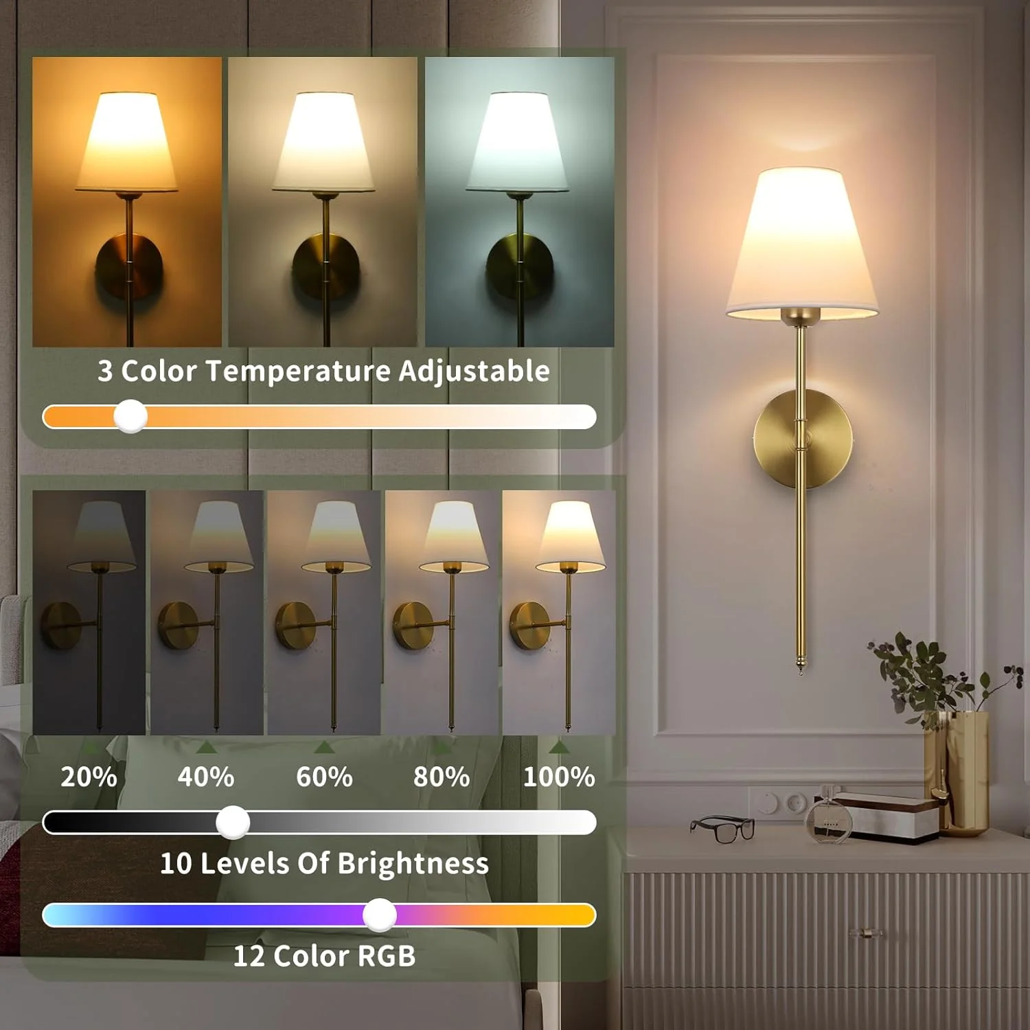 ست دو عددی شمعدان دیواری با باتری، چراغ دیواری بی سیم 15 رنگ با کنترل از راه دور دیمر دار، 20-60 ساعت عمر باتری، لامپ دیواری طلایی قابل شارژ با سایه پارچه ای سفید برای اتاق نشیمن، اتاق خواب، راهرو ست دو عددی شمعدان دیواری با باتری، چراغ دیواری بی سیم 15 رنگ با کنترل از راه دور دیمر دار، 20-60 ساعت عمر باتری، لامپ دیواری طلایی قابل شارژ با سایه پارچه ای سفید برای اتاق نشیمن، اتاق خواب، راهرو