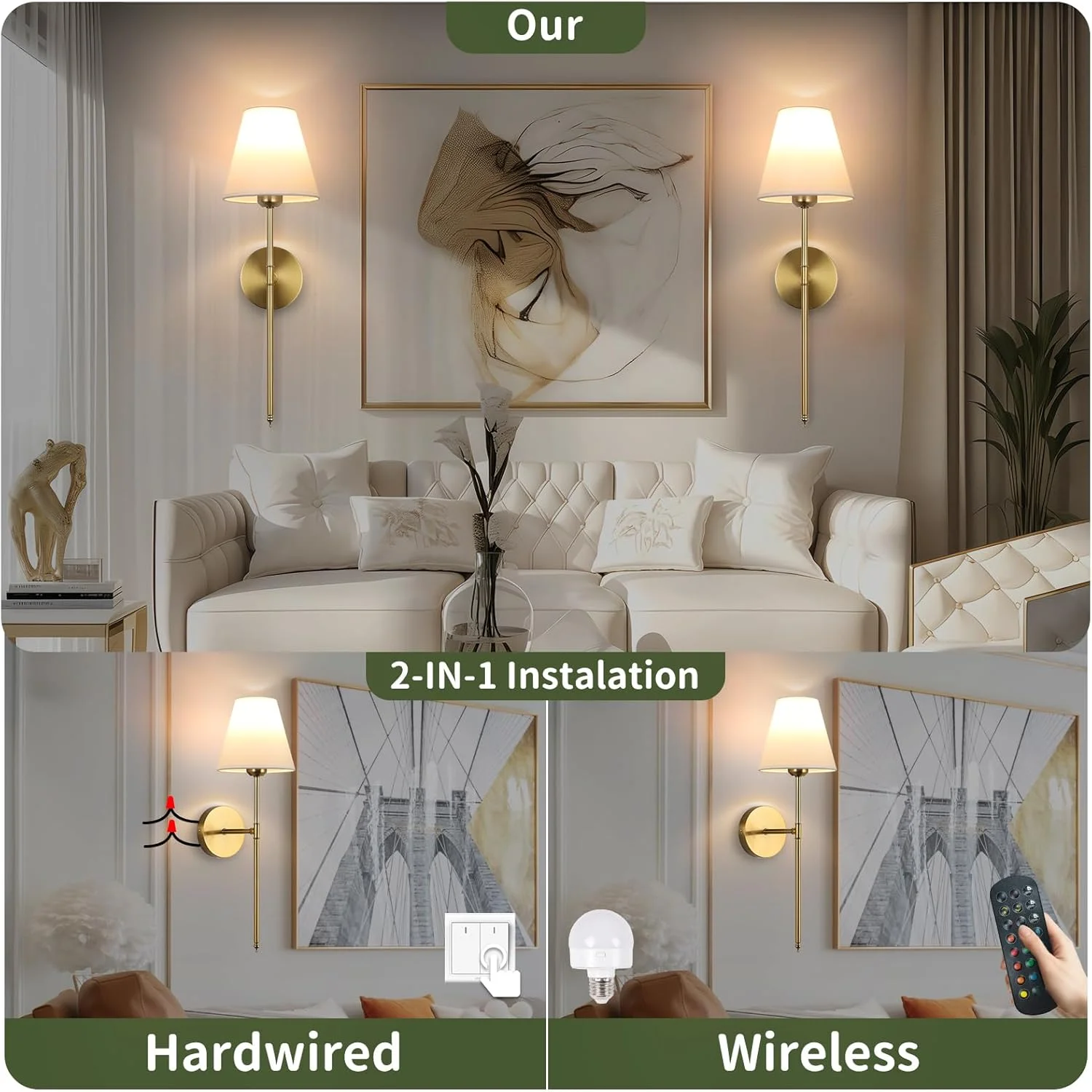 ست دو عددی شمعدان دیواری با باتری، چراغ دیواری بی سیم 15 رنگ با کنترل از راه دور دیمر دار، 20-60 ساعت عمر باتری، لامپ دیواری طلایی قابل شارژ با سایه پارچه ای سفید برای اتاق نشیمن، اتاق خواب، راهرو ست دو عددی شمعدان دیواری با باتری، چراغ دیواری بی سیم 15 رنگ با کنترل از راه دور دیمر دار، 20-60 ساعت عمر باتری، لامپ دیواری طلایی قابل شارژ با سایه پارچه ای سفید برای اتاق نشیمن، اتاق خواب، راهرو