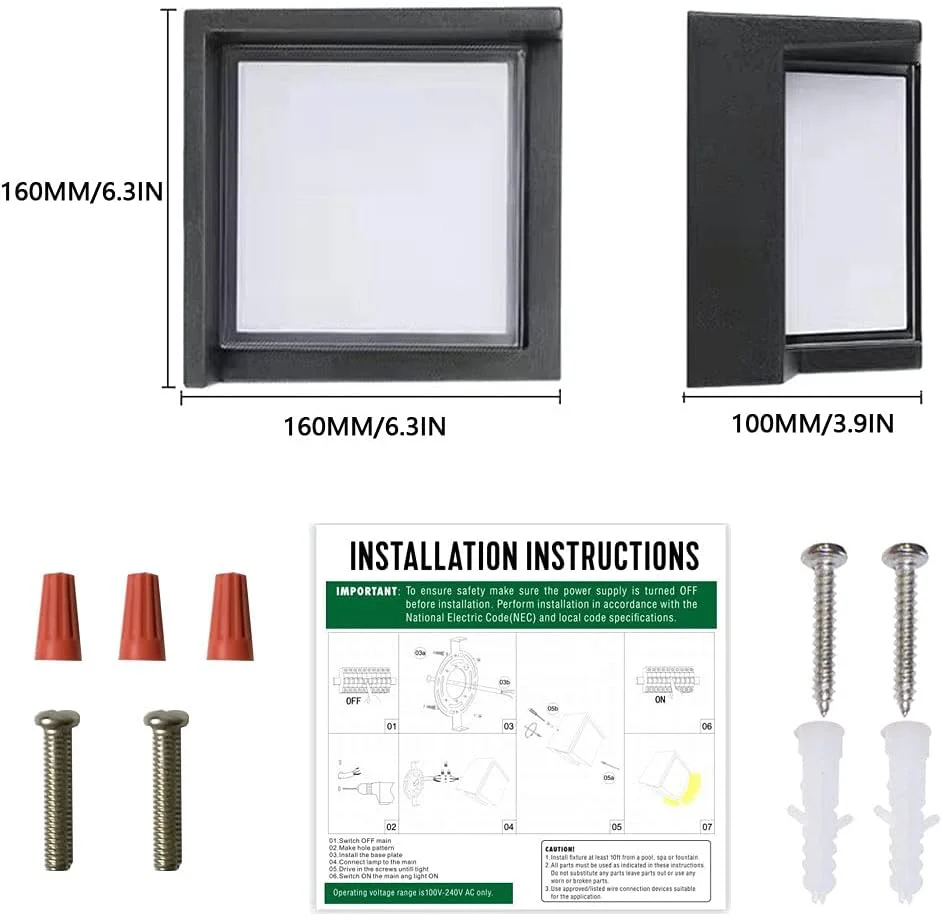 چراغ دیواری فضای باز Aiwewin، چراغ ایوانی مربعی 6500K، چراغ دیواری مدرن کم حاشیه 12 وات، چراغ ضد آب نصب شده روی دیوار برای اتاق خواب، خانه، ایوان، پاسیو