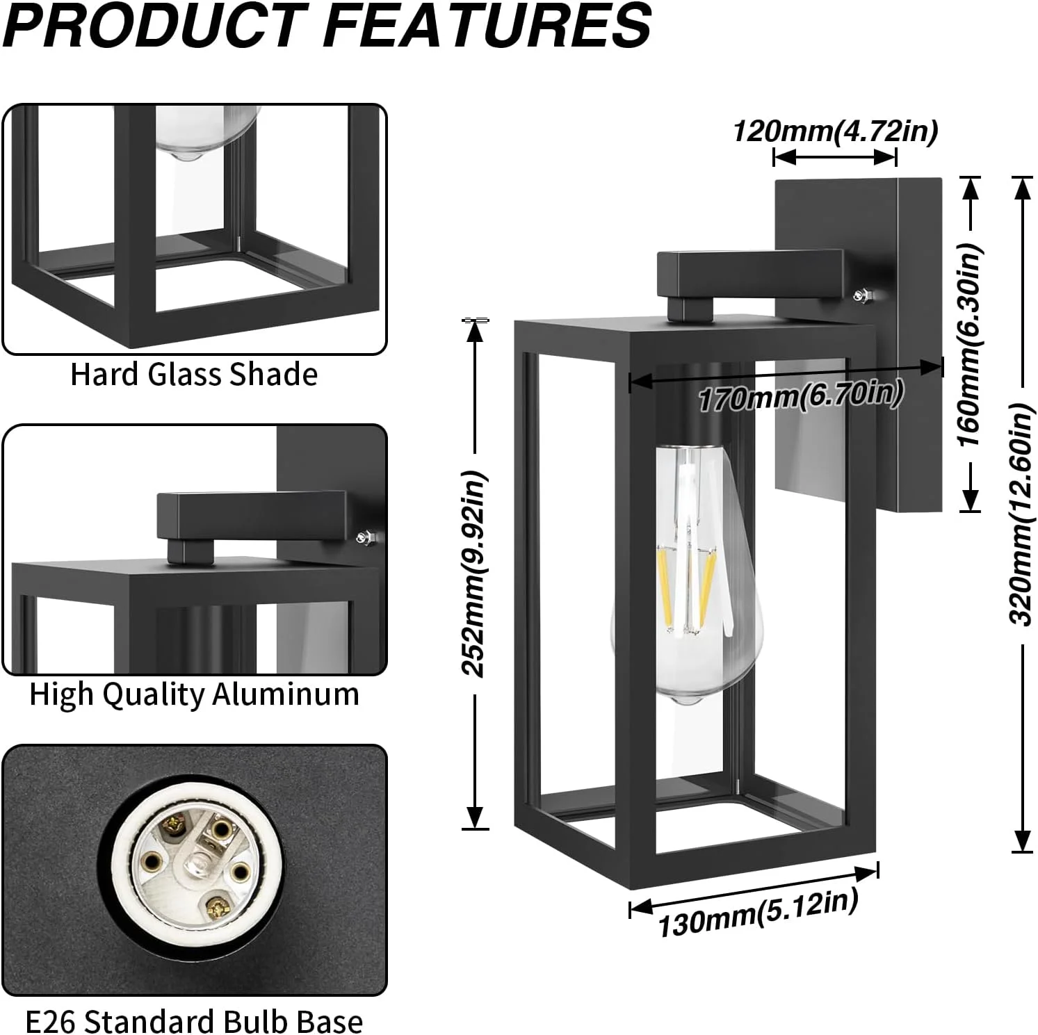 چراغ دیواری بیرونی آرانزی‌یک، حداکثر 60 وات E27 آلومینیومی، چراغ دیواری مشکی، ضد آب IP54، چراغ باغی برای درب ورودی، پاسیو، تراس، راهرو، گاراژ، ایوان