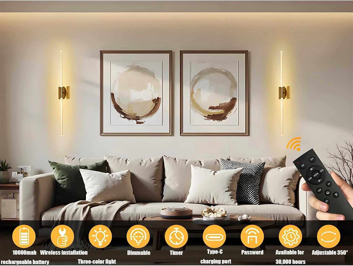 چراغ دیواری بی سیم ALISMAEEL بسته 2 عددی، 3000K-6000K قابل تنظیم نور و شارژی با کنترل از راه دور، چراغ های دیواری 350 درجه برای اتاق نشیمن، راهرو، اتاق خواب