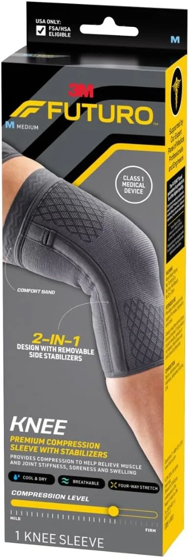 آستین فشاری زانو FUTURO™ Premium با تثبیت کننده، تثبیت کننده های قابل جابجایی، آستین فشاری پیشرفته و قابل تنظیم، برای آرتروز خفیف، تورم، درد، رگ به رگ شدن و کشیدگی، سایز متوسط