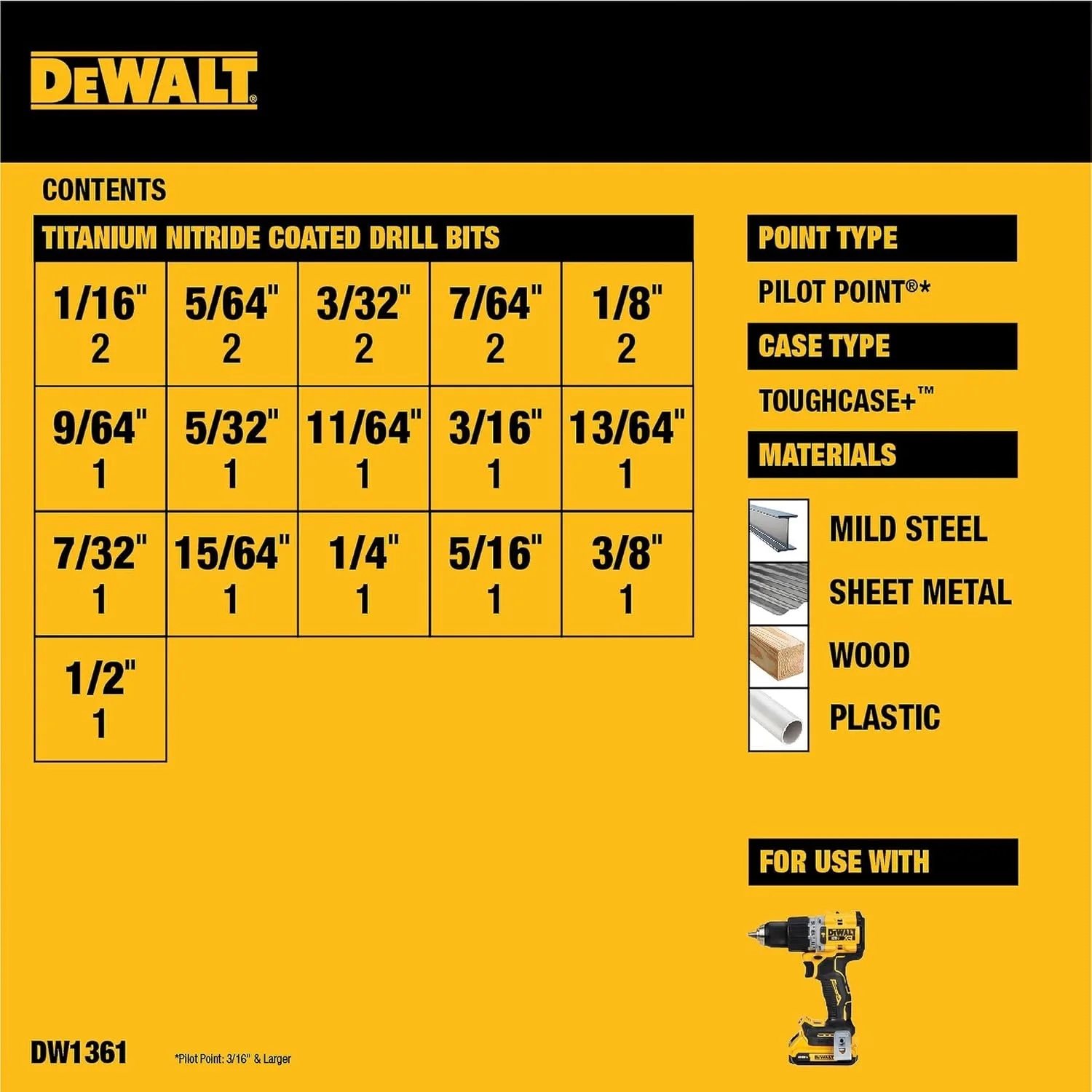 مجموعه مته روکش تیتانیوم نیترید Dewalt، نوک خلبانی، 21 عددی (Dw1361)