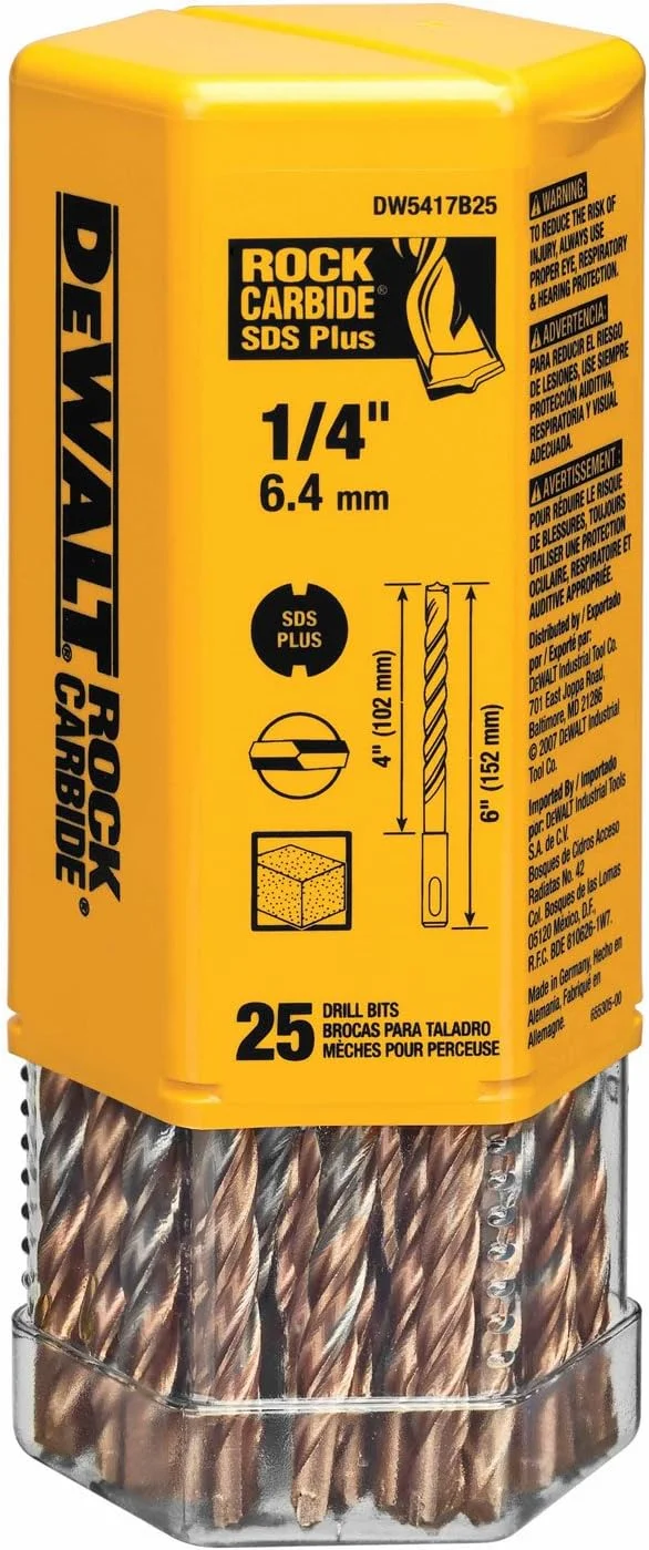 دریل بتن کن کاربیدی SDS+ دیوالت مدل DW5417B25، سایز 1/4 اینچ در 4 اینچ در 6 اینچ (بسته 25 عددی)
