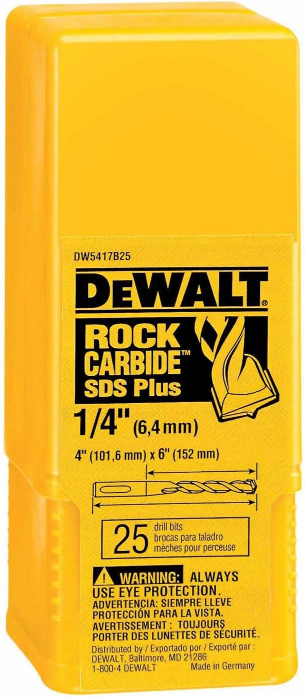 دریل بتن کن کاربیدی SDS+ دیوالت مدل DW5417B25، سایز 1/4 اینچ در 4 اینچ در 6 اینچ (بسته 25 عددی)
