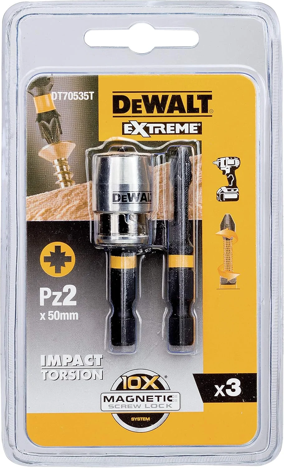 دیوالت DEWALT DEWDT70535T ایمپکت تورشن 2 عدد PZ2 57 میلی‌متری و آستین قفل مغناطیسی پیچ، 3 عدد (بسته 1 عددی)