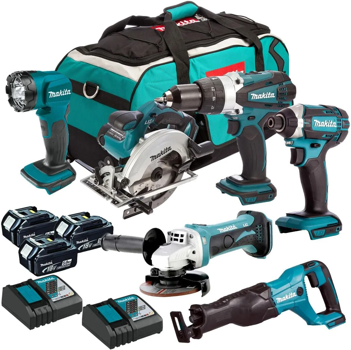 مجموعه 6 عددی ماکیتا مدل DLX6072PT 18 ولت لیتیوم-یون LXT به همراه 3 عدد باتری 5.0 آمپر ساعت لیتیوم-یون و شارژر عرضه شده در کیف حمل ابزار سنگین، چند رنگ، 74x38x35