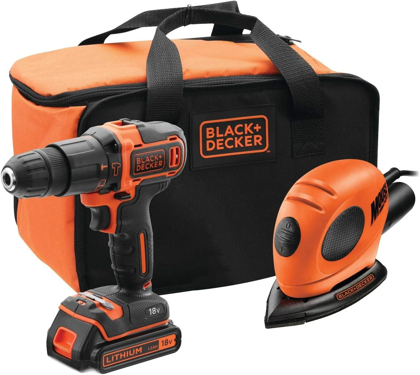کیت دریل چکشی شارژی 18 ولت لیتیوم-یون بلک اند دکر به همراه سنباده موشی 55 وات و 15 متعلقات در کیف، نارنجی/مشکی - BDK200AS1S-GB