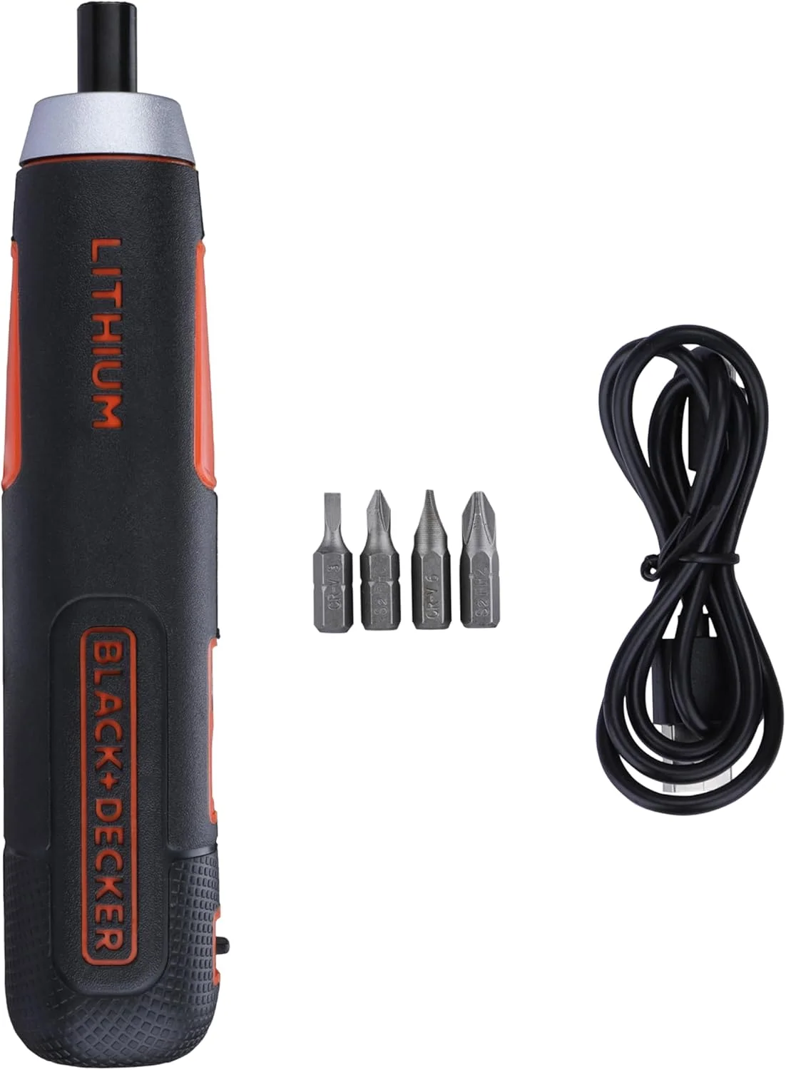 پیچ گوشتی شارژی 4 ولت Black & Decker BD40K4 با درایو 6.35 میلی‌متری، کلاچ الکترونیکی، سیستم گشتاور هوشمند، چراغ LED و 4 عدد سری پیچ گوشتی، مناسب برای مصارف خانگی و DIY، نارنجی