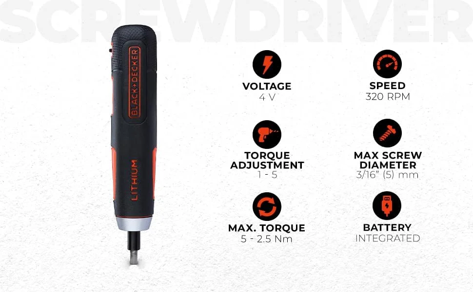 پیچ گوشتی شارژی 4 ولت Black & Decker BD40K4 با درایو 6.35 میلی‌متری، کلاچ الکترونیکی، سیستم گشتاور هوشمند، چراغ LED و 4 عدد سری پیچ گوشتی، مناسب برای مصارف خانگی و DIY، نارنجی