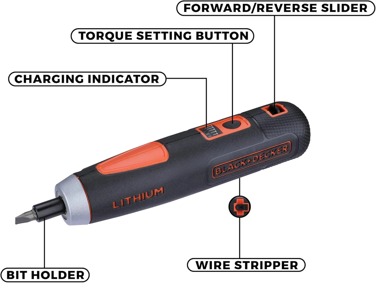 پیچ گوشتی شارژی 4 ولت Black & Decker BD40K4 با درایو 6.35 میلی‌متری، کلاچ الکترونیکی، سیستم گشتاور هوشمند، چراغ LED و 4 عدد سری پیچ گوشتی، مناسب برای مصارف خانگی و DIY، نارنجی