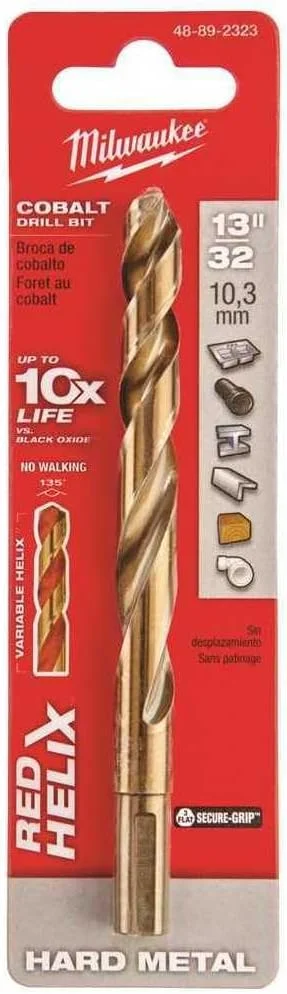 مته میلواکی 48-89-2323، قطر 13/32 اینچ، طول 5.12 اینچ، طول شیار 3.74 اینچ، ساق گرد سه پخ 3/8 اینچ، کبالت