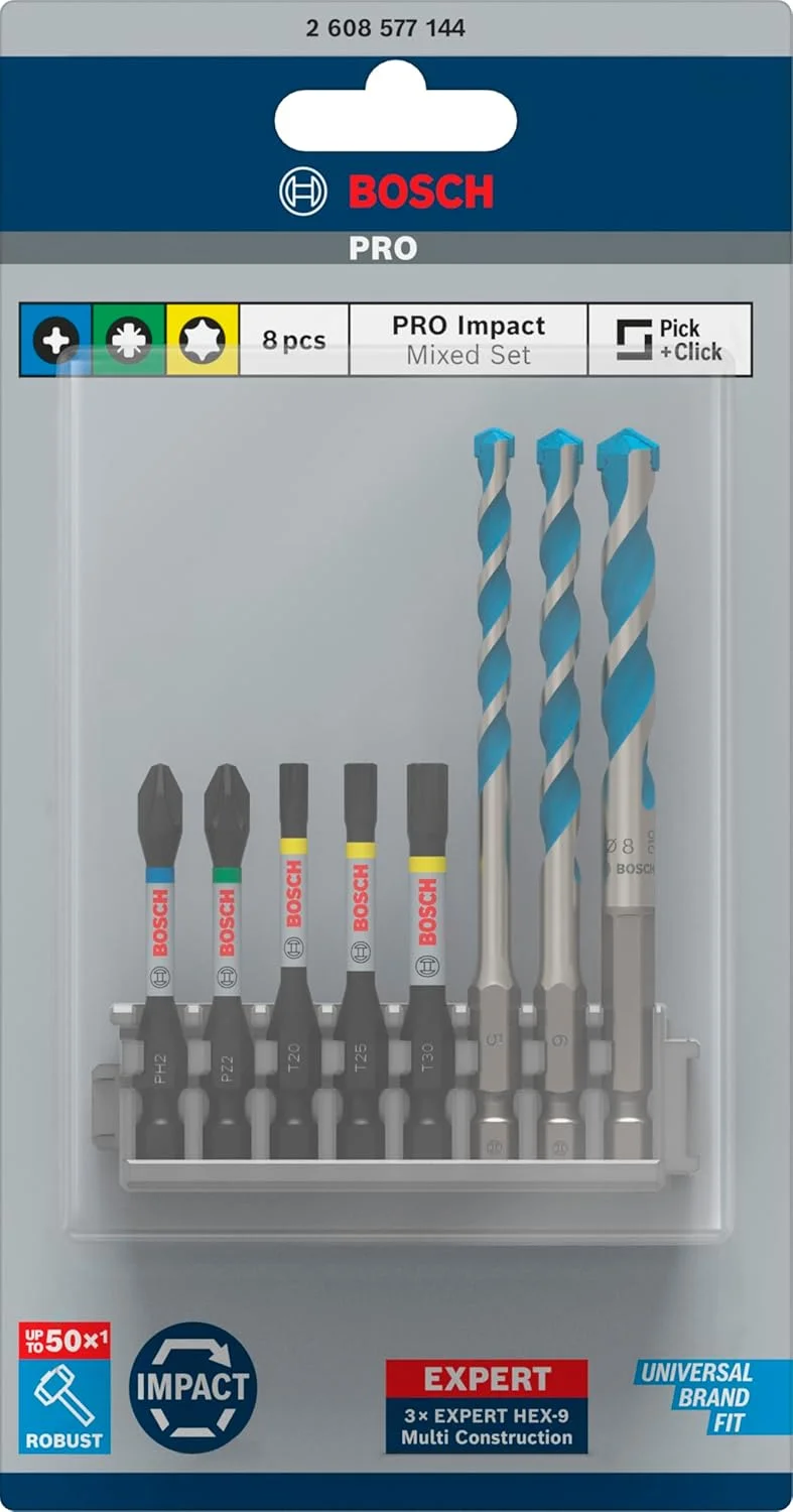 مجموعه 8 عددی سری پیچ گوشتی Impact Control بوش پروفشنال و مته چند منظوره (Pick and Click، مته HEX-9 Multi Ø 5/6/8mm، متعلقات دریل ضربه ای)