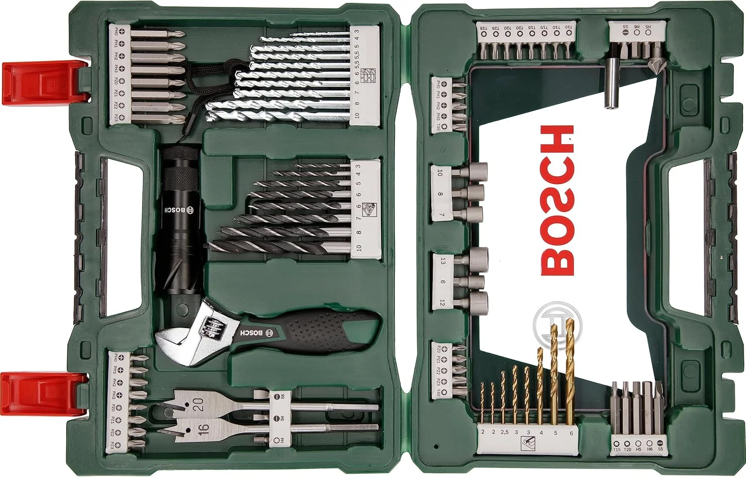 مجموعه 83 عددی مته تیتانیومی و سری پیچ گوشتی بوش V-Line (به همراه چراغ قوه LED و آچار قابل تنظیم، برای چوب، مصالح ساختمانی و فلز، لوازم جانبی مته و پیچ گوشتی)