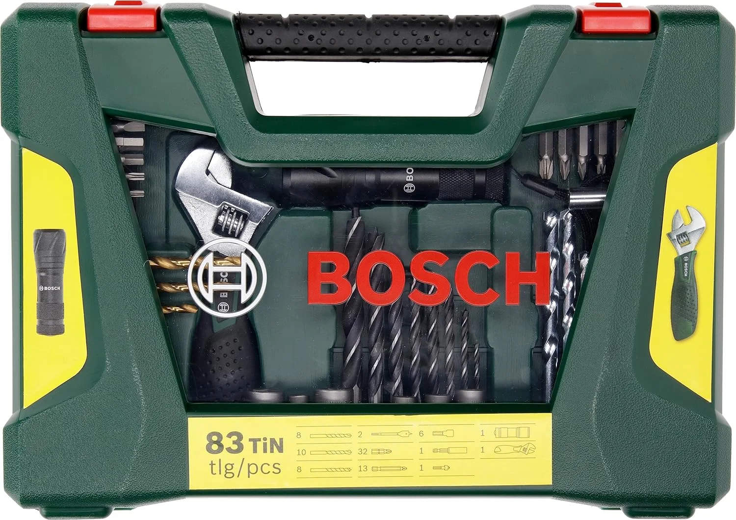 مجموعه 83 عددی مته تیتانیومی و سری پیچ گوشتی بوش V-Line (به همراه چراغ قوه LED و آچار قابل تنظیم، برای چوب، مصالح ساختمانی و فلز، لوازم جانبی مته و پیچ گوشتی)