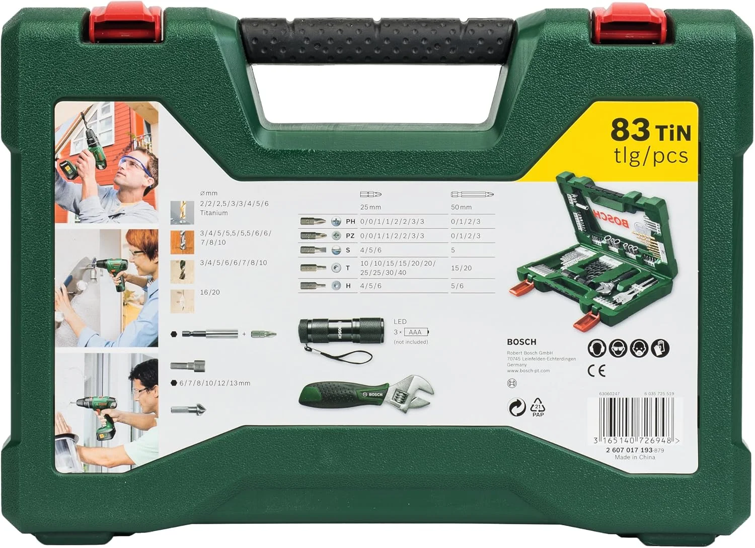 مجموعه 83 عددی مته تیتانیومی و سری پیچ گوشتی بوش V-Line (به همراه چراغ قوه LED و آچار قابل تنظیم، برای چوب، مصالح ساختمانی و فلز، لوازم جانبی مته و پیچ گوشتی)