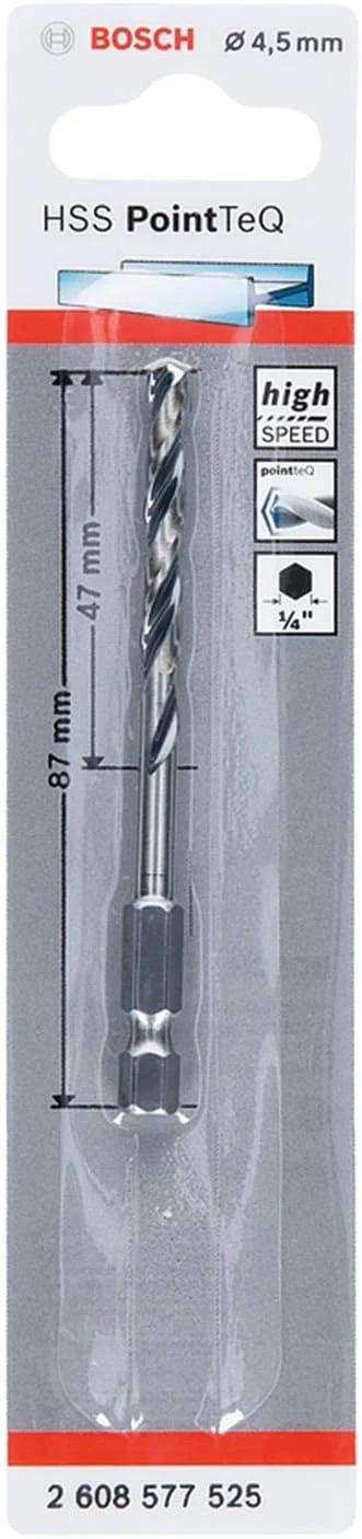 مته فلز HSS PointTeQ بوش پروفشنال 2608577525 (قطر: 4.5 میلی متر، طول کارکرد: 47 میلی متر، طول کل: 87 میلی متر، دنباله ¼ اینچی، مناسب برای دریل های ضربه ای و دریل پیچ گوشتی ها) مته فلز HSS PointTeQ بوش پروفشنال 2608577525 (قطر: 4.5 میلی متر، طول کارکرد: 47 میلی متر، طول کل: 87 میلی متر، دنباله ¼ اینچی، مناسب برای دریل های ضربه ای و دریل پیچ گوشتی ها)
