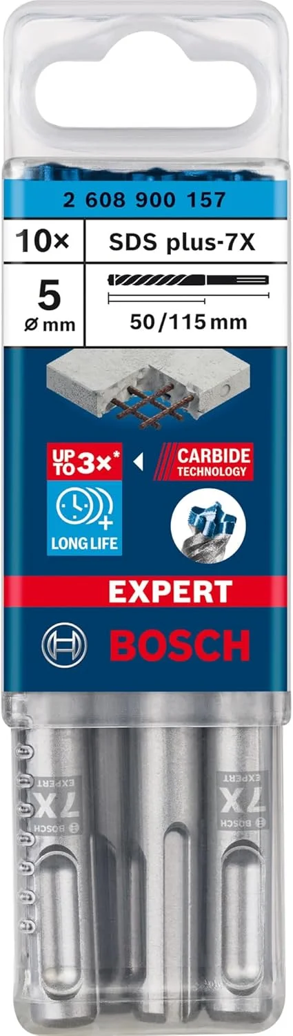 مته چکش SDS plus-7X بوش مدل 2608900157، بسته 10 عددی، قطر 5.00 میلی متر، طول کلی 115 میلی متر، SDS