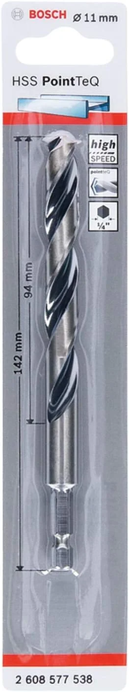 مته فلز HSS PointTeQ بوش پروفشنال (قطر: 11.0 میلی متر، طول کارکرد: 94 میلی متر، طول کل: 142 میلی متر، دنباله شش گوش ¼ اینچ، لوازم جانبی برای دریل های ضربه ای و دریل پیچ گوشتی ها)