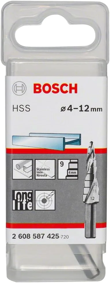 مته پله ای 9 مرحله ای بوش پروفشنال HSS (برای فلز، پلاستیک، Ø 4-12 میلی متر، ارتفاع پله 4 میلی متر، ساق 6 میلی متر، لوازم جانبی برای دریل های چرخشی)