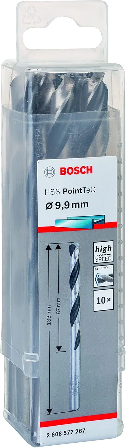 مته پیچشی HSS PointTeQ بوش پروفشنال 2608577267 ده عددی (برای فلز، 9.9 x 87 x 133 میلی متر، لوازم جانبی دریل)، 9,9 x 87 x 133 میلی متر