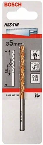 مته فلز HSS-Tin بوش، استاندارد DIN 338، سایز 5.0mm x 52mm x 86mm، نقره ای