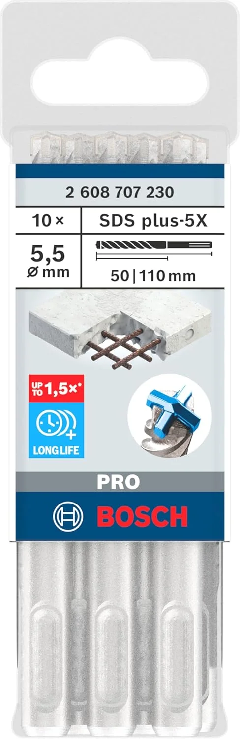مته چکش SDS plus-5X بوش 10 عددی PRO (برای بتن مسلح، بتن، Ø 5,50 میلی متر، لوازم جانبی حرفه ای چکش چرخشی)