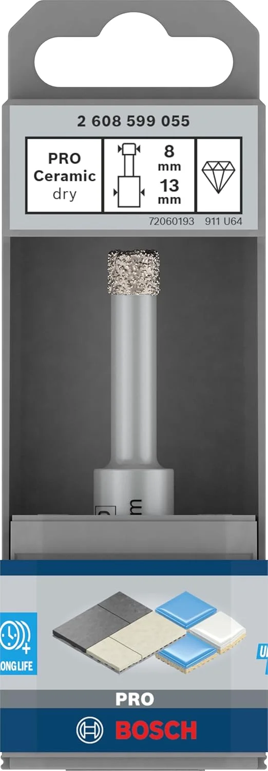 مته سرامیک خشک بوش مدل PRO Ceramic، ساق استوانه ای (مناسب برای کاشی و سرامیک سخت، قطر 8 میلی متر، ابزار حرفه ای برای دریل های چرخشی)